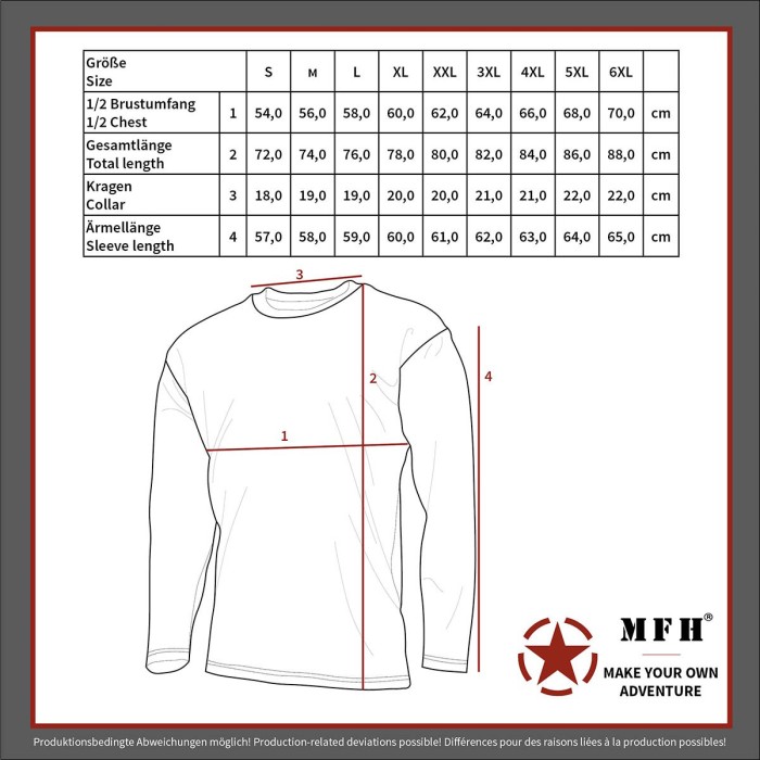 Größentabelle für Russisches Marine Shirt, langarm Sommer